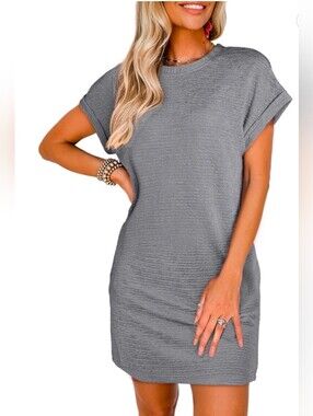 Casual Ribbed Short Sleeve Midi Dress in Gray
